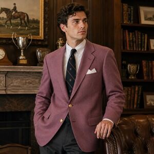 Vintage Hunter Haig Blazer Longline Sport Coat Gold Crest Buttons Mauve Mens 42L